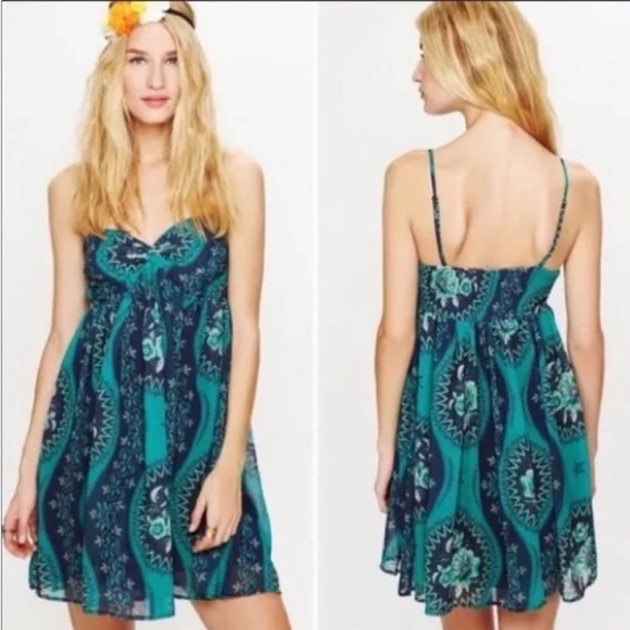 Free People Size L Eternal Spring Babydoll Boho Mini Dress Blue Floral - Picture 1 of 15